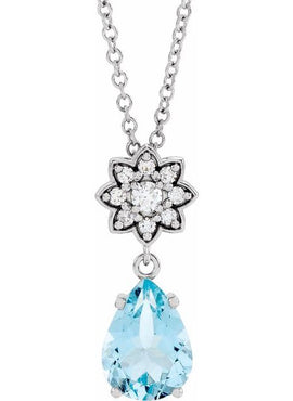 14K White Gold Natural Aquamarine & .08 CTW Natural Diamond Floral-Inspired Pendant
