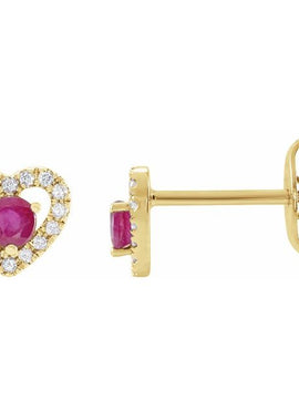 14K Yellow Gold Natural Ruby & 1/10 CTW Natural Diamond Heart Earrings