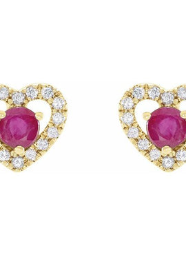 14K Yellow Gold Natural Ruby & 1/10 CTW Natural Diamond Heart Earrings