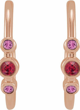 14K Rose Gold Natural Ruby & Natural Pink Sapphire Bezel-Set Hoop Earrings