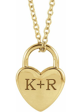 14K Yellow Gold Engravable Heart Lock Pendant