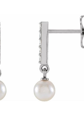 14K Rose Gold Cultured Akoya Pearl & .03 CTW Natural Diamond Bar Earrings