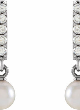 14K Rose Gold Cultured Akoya Pearl & .03 CTW Natural Diamond Bar Earrings