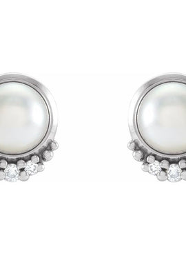 Platinum Cultured White Akoya Pearl & .02 CTW Natural Diamond Earrings