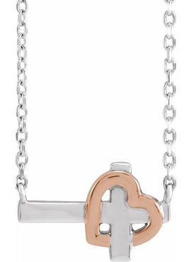 14K White/Rose Gold Sideways Cross & Heart 18