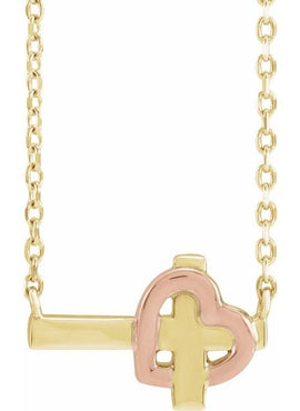 14K White/Rose Gold Sideways Cross & Heart 18