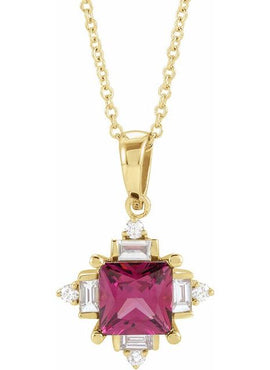 14K Yellow Gold Natural Rhodolite Garnet & 1/5 CTW Natural Diamond Geometric 16-18