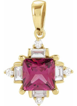 14K Yellow Gold Natural Rhodolite Garnet & 1/5 CTW Natural Diamond Geometric 16-18