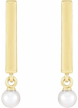 14K White Gold Cultured White Seed Pearl Bar Earrings