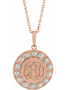 Platinum Cultured White Seed Pearl Engravable Halo-Style Pendant
