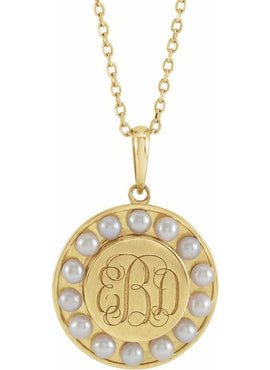 Platinum Cultured White Seed Pearl Engravable Halo-Style Pendant