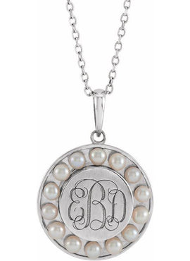 Platinum Cultured White Seed Pearl Engravable Halo-Style Pendant