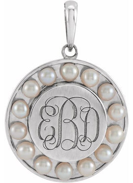 Platinum Cultured White Seed Pearl Engravable Halo-Style Pendant