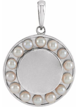 Platinum Cultured White Seed Pearl Engravable Halo-Style Pendant