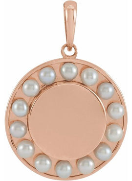 Platinum Cultured White Seed Pearl Engravable Halo-Style Pendant