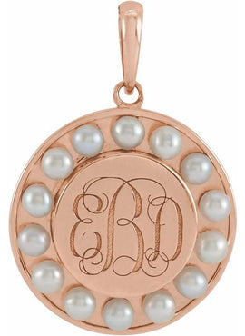 Platinum Cultured White Seed Pearl Engravable Halo-Style Pendant