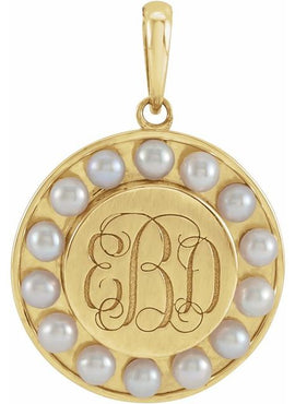 Platinum Cultured White Seed Pearl Engravable Halo-Style Pendant