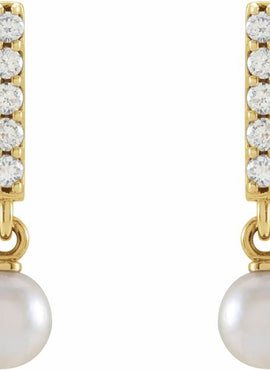 14K Rose Gold Cultured Akoya Pearl & .03 CTW Natural Diamond Bar Earrings