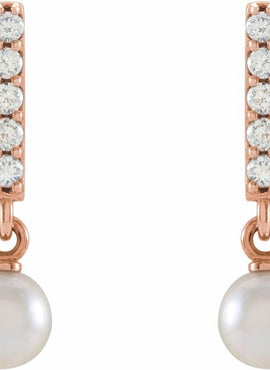 14K Rose Gold Cultured Akoya Pearl & .03 CTW Natural Diamond Bar Earrings