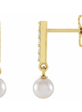 14K Rose Gold Cultured Akoya Pearl & .03 CTW Natural Diamond Bar Earrings