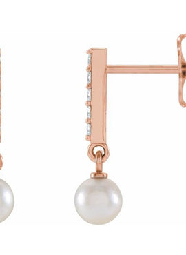 14K Rose Gold Cultured Akoya Pearl & .03 CTW Natural Diamond Bar Earrings