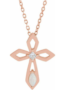 Platinum Natural White Opal & .05 CT Natural Diamond Cross Pendant