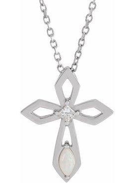 Platinum Natural White Opal & .05 CT Natural Diamond Cross Pendant