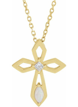 Platinum Natural White Opal & .05 CT Natural Diamond Cross Pendant