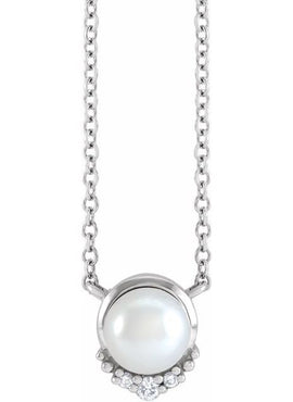 14K Yellow Gold Cultured White Akoya Pearl & .025 CTW Natural Diamond 18