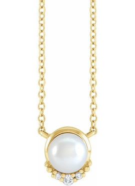14K Yellow Gold Cultured White Akoya Pearl & .025 CTW Natural Diamond 18
