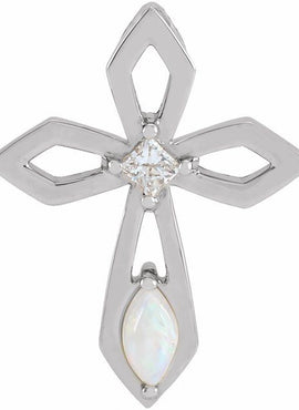 Platinum Natural White Opal & .05 CT Natural Diamond Cross Pendant