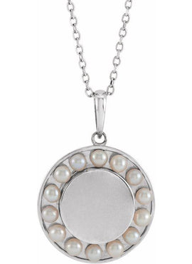 Platinum Cultured White Seed Pearl Engravable Halo-Style Pendant