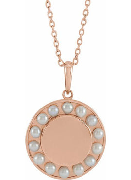 Platinum Cultured White Seed Pearl Engravable Halo-Style Pendant