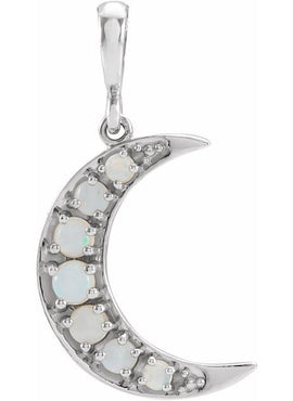 Platinum Natural White Opal Cabochon Crescent Moon Pendant