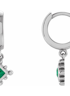 14K White Gold Natural Emerald Beaded Bezel-Set Hoop Earrings