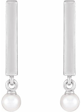 14K White Gold Cultured White Seed Pearl Bar Earrings