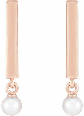 14K White Gold Cultured White Seed Pearl Bar Earrings