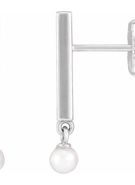 14K White Gold Cultured White Seed Pearl Bar Earrings
