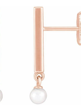 14K White Gold Cultured White Seed Pearl Bar Earrings