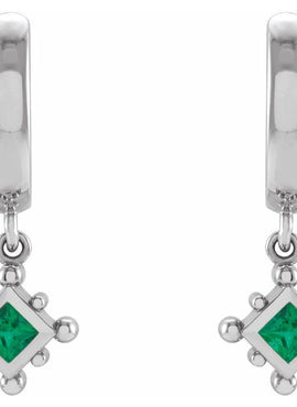 14K White Gold Natural Emerald Beaded Bezel-Set Hoop Earrings