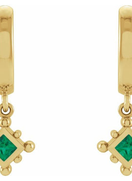 14K White Gold Natural Emerald Beaded Bezel-Set Hoop Earrings