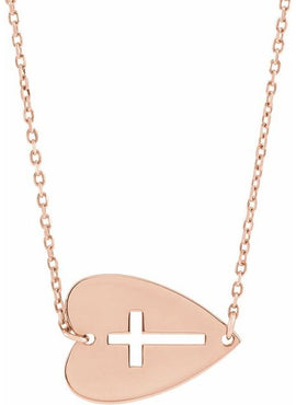 14K Yellow Gold Sideways Heart with Pierced Cross 18