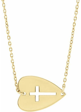 14K Yellow Gold Sideways Heart with Pierced Cross 18