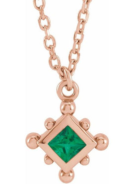14K Rose Gold Natural Emerald Bezel-Set Beaded 16-18