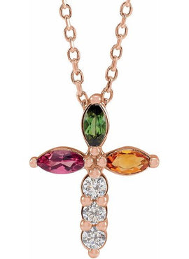 14K Yellow Gold Natural Aquamarine & 1/10 CTW Natural Diamond Cross Pendant