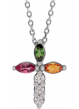 14K Yellow Gold Natural Aquamarine & 1/10 CTW Natural Diamond Cross Pendant
