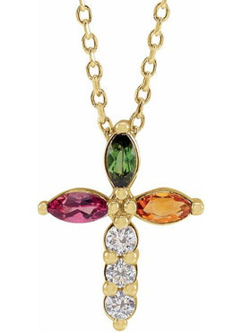 14K Yellow Gold Natural Aquamarine & 1/10 CTW Natural Diamond Cross Pendant