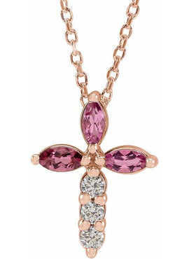 14K Yellow Gold Natural Aquamarine & 1/10 CTW Natural Diamond Cross Pendant