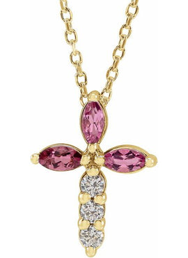 14K Yellow Gold Natural Aquamarine & 1/10 CTW Natural Diamond Cross Pendant