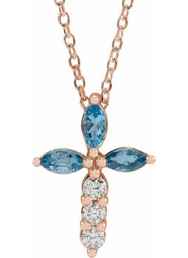14K Yellow Gold Natural Aquamarine & 1/10 CTW Natural Diamond Cross Pendant